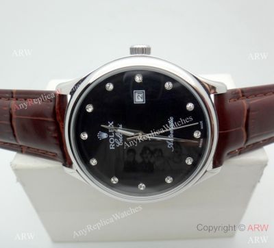 Buy Copy Rolex Geneve Cellini Watch Black Dial Brown Leather strap